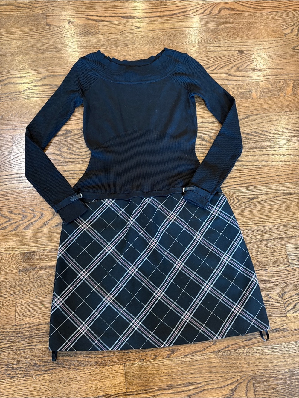 White House Black Market Black Long-Sleeve Knit Top with Black Plaid Skirt Dress
